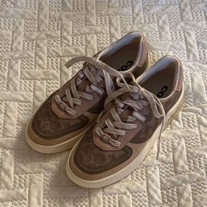Coach Signature Canvas Sneakers Tan Blush Pink Lace Up Size 6B EU 36.5